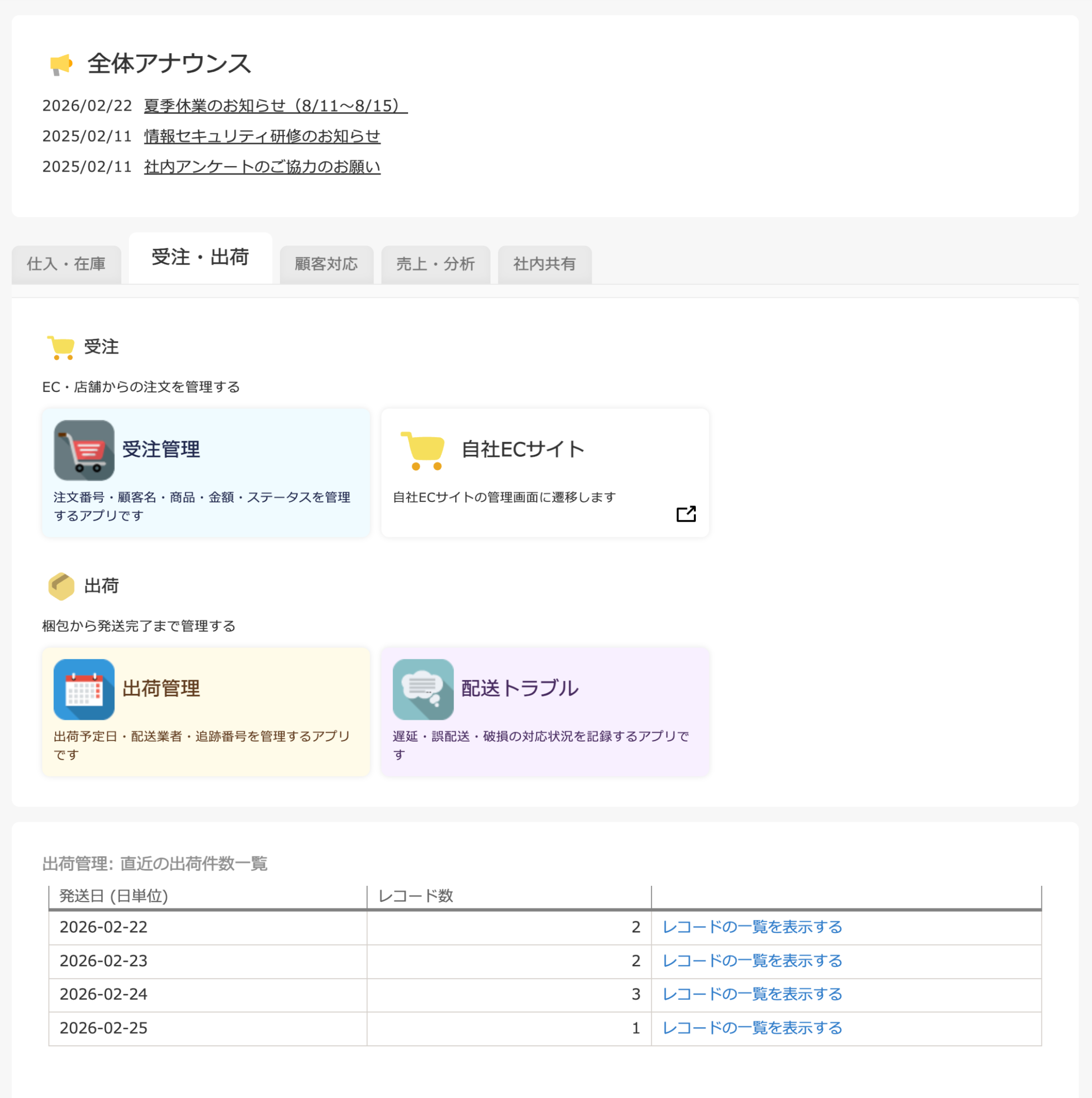業務別にタブを整理したソトバコポータルの画面例